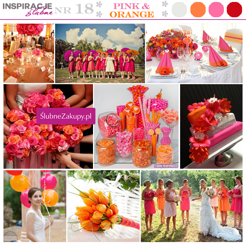 Wesele w kolorach tangerine tango. Pomarańczowe kwiaty i ciemnoróżowe serwetki na stół weselny.