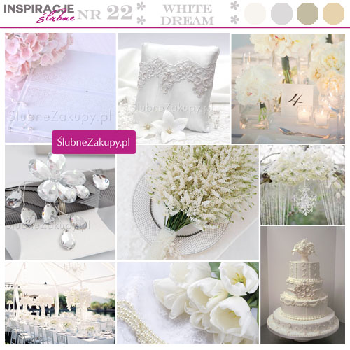 Inspiracje dekoracji ślubnych w klasycznym kolorze białym. Poduszka na obrączki przełamana kryształkami.