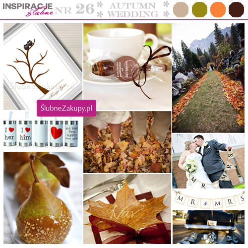 Inspiracje dla ślubów organizowanych jesienią. Brązowe odcienie i motyw jesiennych liści połączony z czekoladowym kolorem.