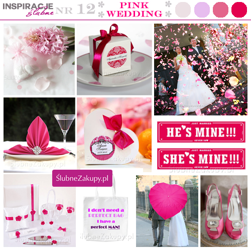 Inspiracje ślubne w kolorze fuksji. Konfetti wystrzałowe różowe płatki róż i parasol w kształcie różowego serca.