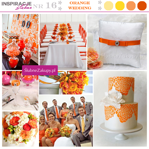 .Energetyczna pomarańcza jako kolor przewodni wesela. Poduszka pod obrączki i stoły weselne.
