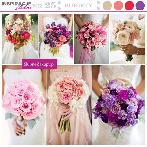 Eleganckie bukiety ślubne dla panny młodej, wykonane z żywych kwiatów w kolorach fioletowym, różowym czy kremowym.