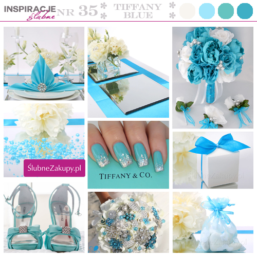Aranżacja ślubna w kolorze tiffany blue. Bukiet panny młodej z błękitnymi kwiatami i turkusowe serwetki na stoły weselne.