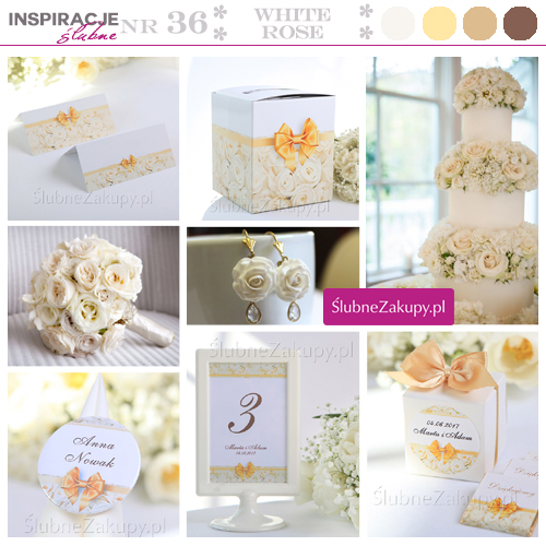 Kolekcja dekoracji na ślub i wesele z motywem biało-kremowej róży. Tabliczki na stoły weselne i pudło na telegramy z różami i złotą kokardą.
