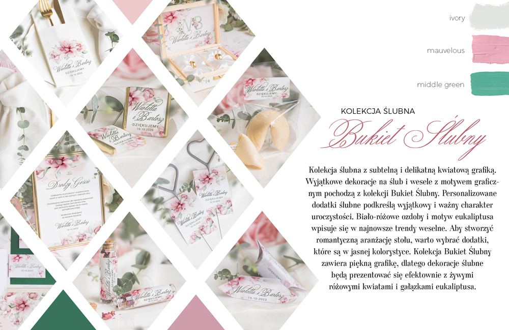 Piękne dekoracje ślubne z kwiatowym motywem. Personalizowane dodatki w modnej kolorystyce..