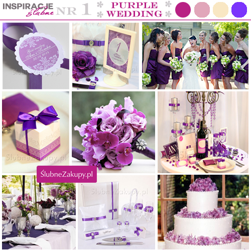Tablica inspiracji na ślub w kolorze fioletowym. Bukiet panny młodej i tort weselny.